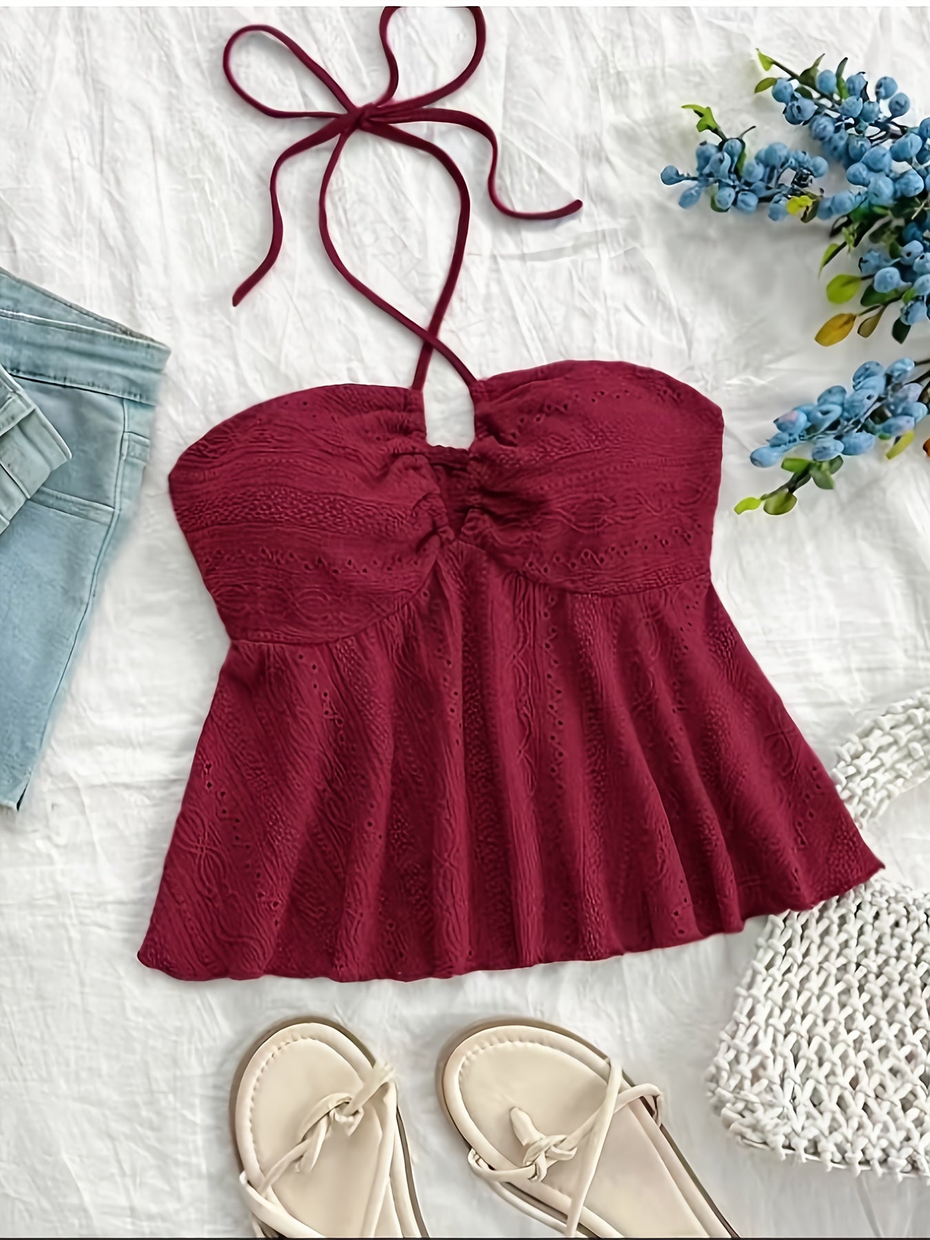 Women's Vintage Halter Babydoll Top with Embroidery – Summer Casual Top