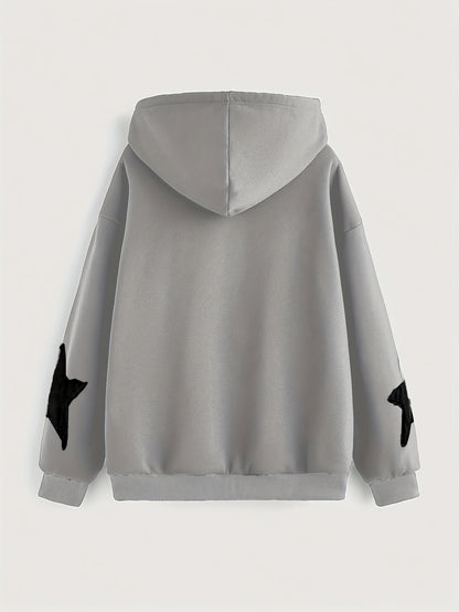 Unisex Kapuzenjacke mit Reißverschluss, Oversize, Stern-Applikationen, Kordelzug, Kängurutaschen