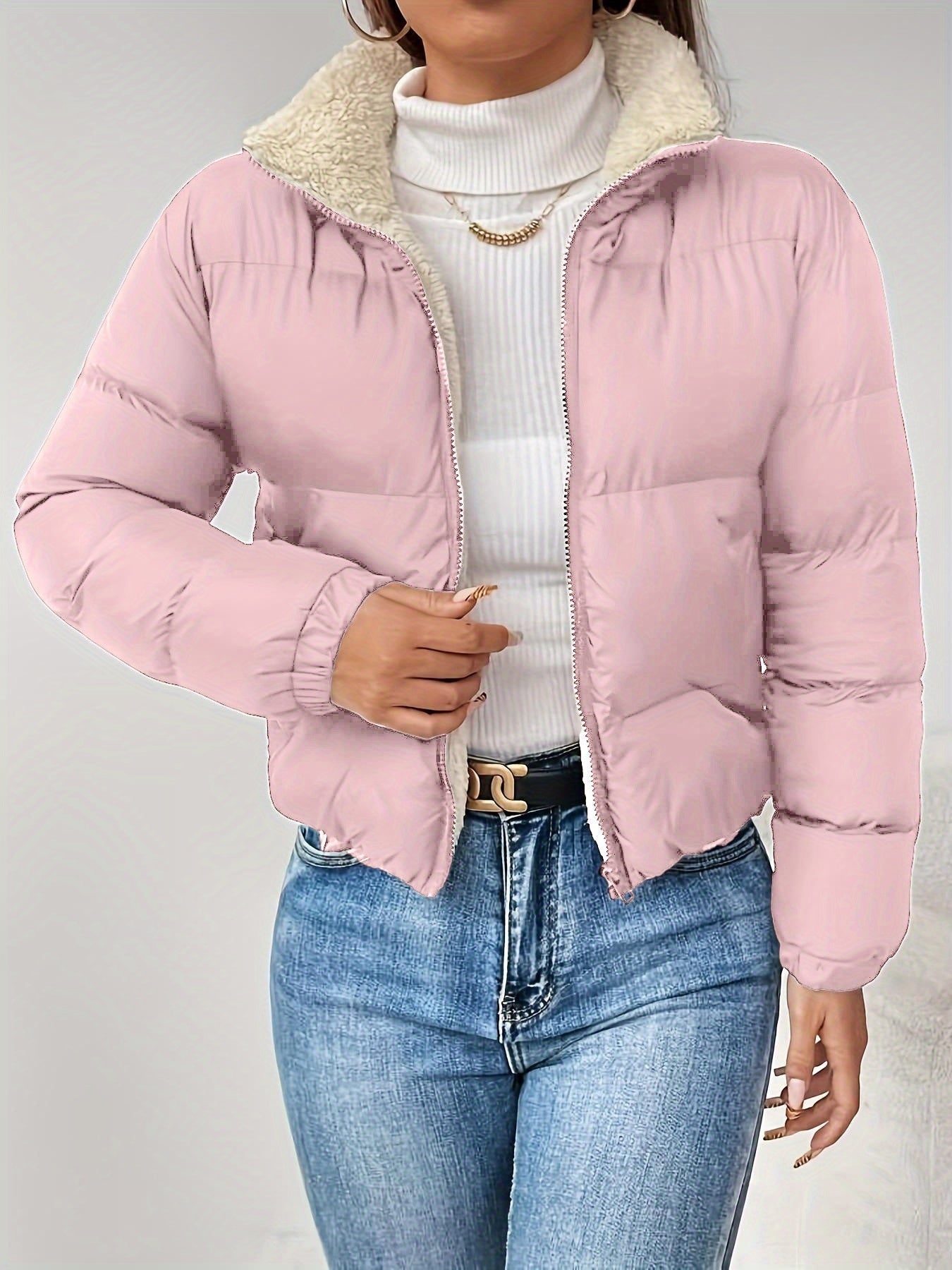 Women's Short Quilted Jacket with Teddy Lining and Zipper
