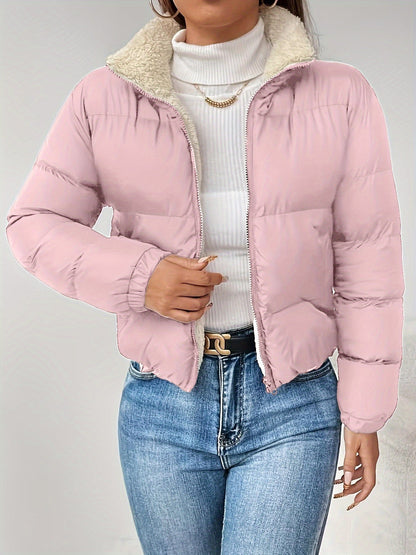 Women's Short Quilted Jacket with Teddy Lining and Zipper