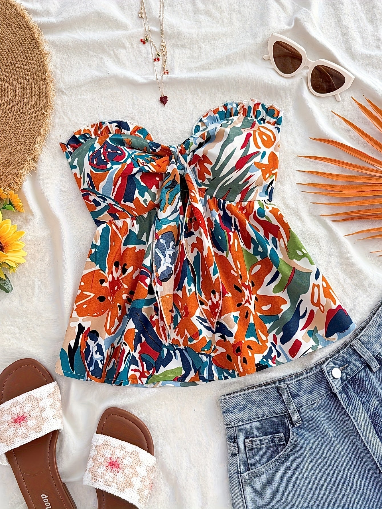 Women's Bandeau Knot Top with Abstract Floral Pattern – Summer Casual and Beach Top