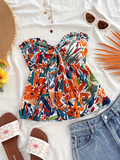 Women's Bandeau Knot Top with Abstract Floral Pattern – Summer Casual and Beach Top