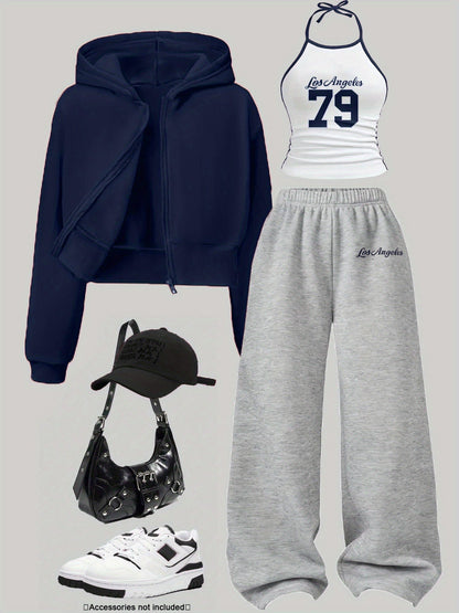 Women's 3-piece set: cropped hoodie, halter top & wide-leg joggers