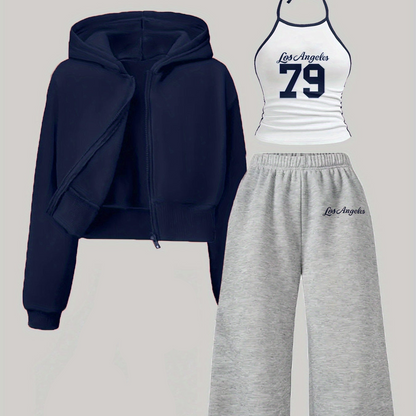 Women's 3-piece set: cropped hoodie, halter top & wide-leg joggers