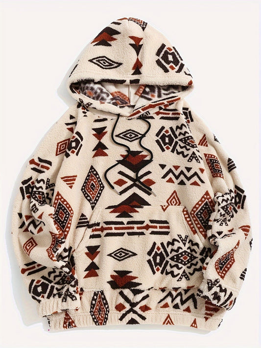 Unisex teddy hoodie with ethnic pattern in beige/brown/black
