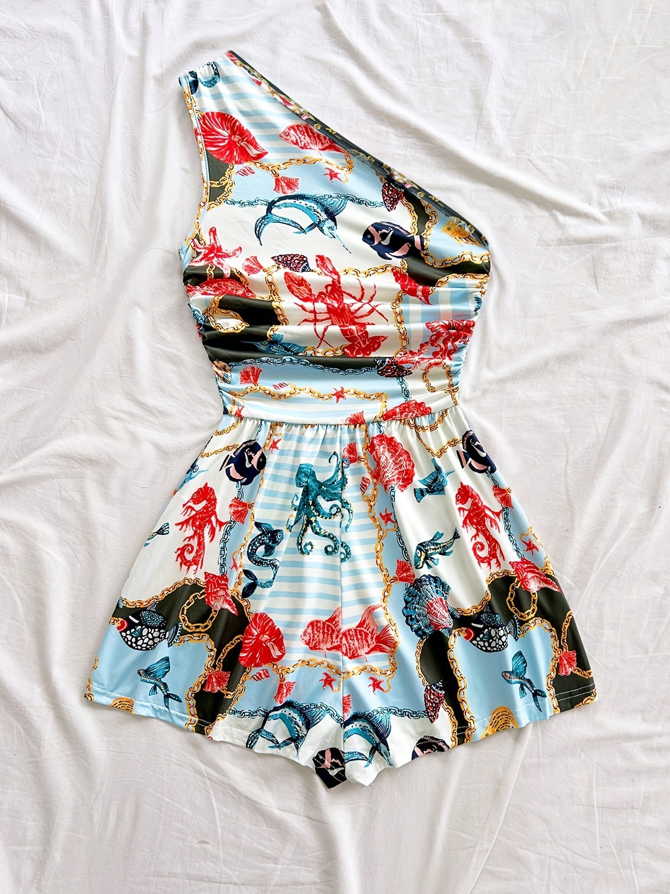 Women's One-Shoulder Jumpsuit with Tropical Print – Summer Fashion for Vacation & Leisure