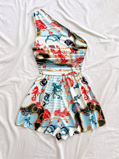 Women's One-Shoulder Jumpsuit with Tropical Print – Summer Fashion for Vacation & Leisure