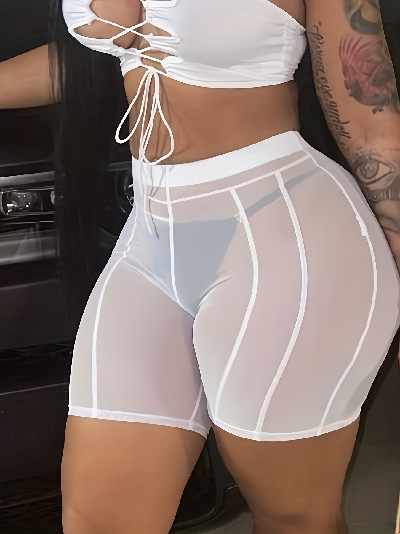 Women's Trendy High-Waist Mesh Biker Shorts – Modern, Transparent Design for Beach, Pool & Festival