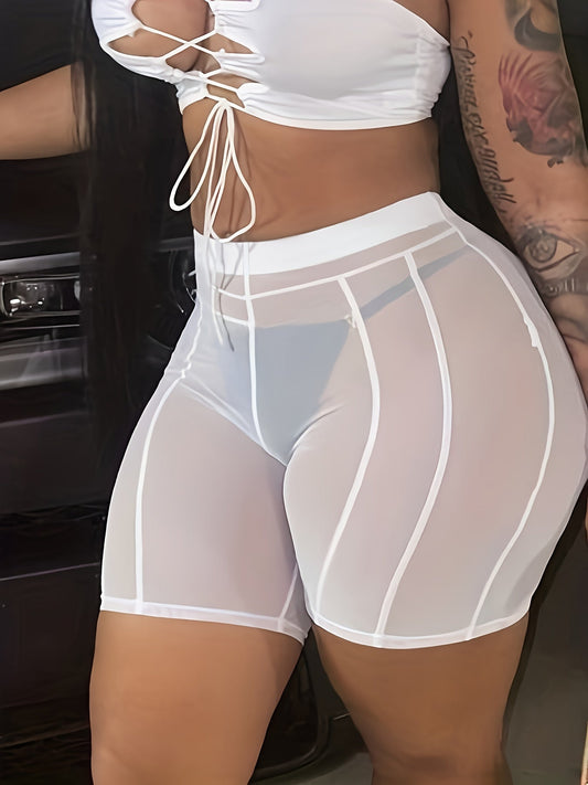 Women's Trendy High-Waist Mesh Biker Shorts – Modern, Transparent Design for Beach, Pool & Festival