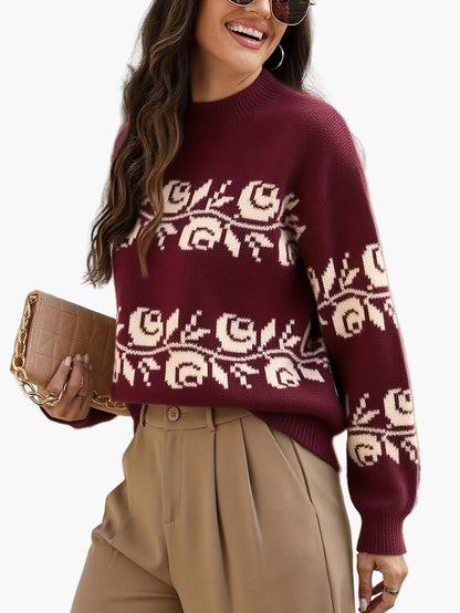 Damen Jacquard Pullover mit Blumenmuster – Eleganter Herbst/Winter Strickpullover