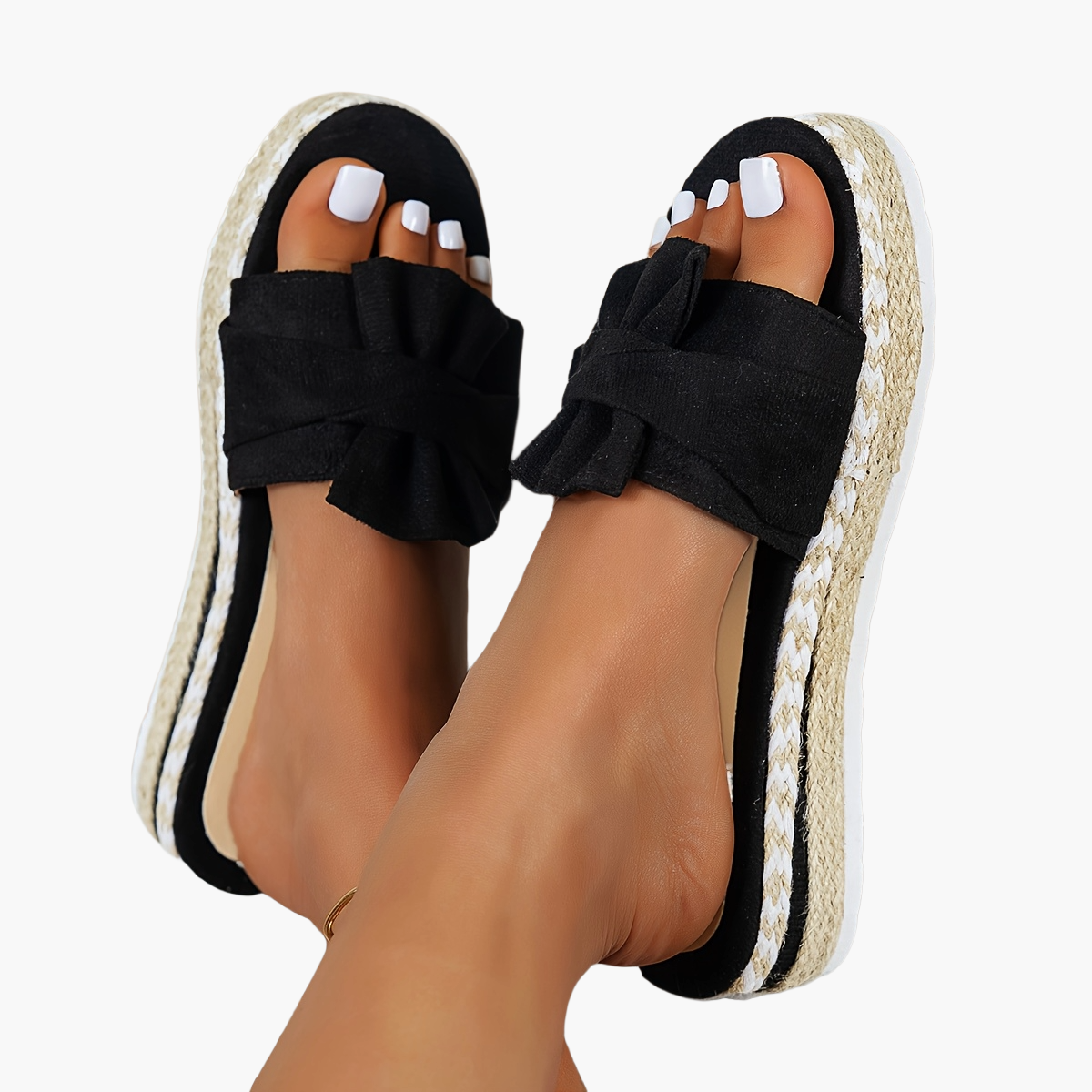 Women's Platform Slip-On Shoes with Bow for Summer – Comfortable Casual Shoes, Open Toe Design