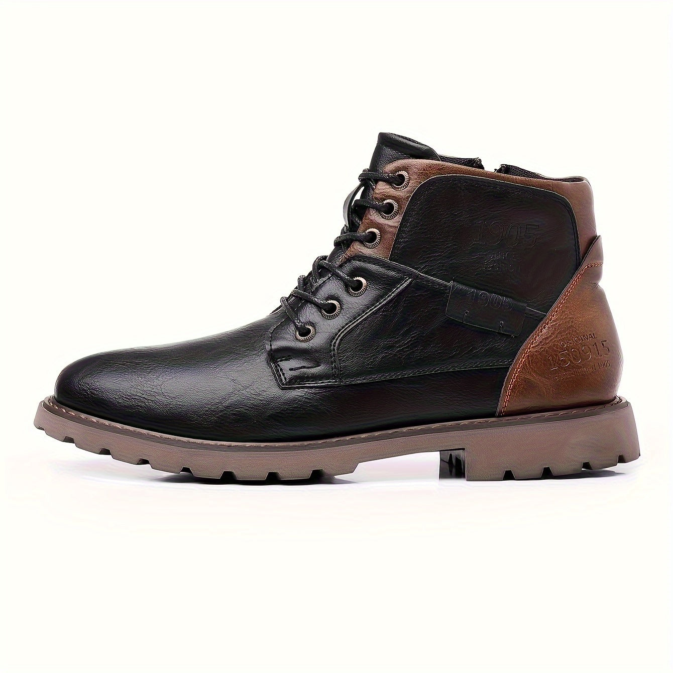 Herren Worker Boots Braun Schnürstiefeletten mit Reißverschluss & Profilsohle