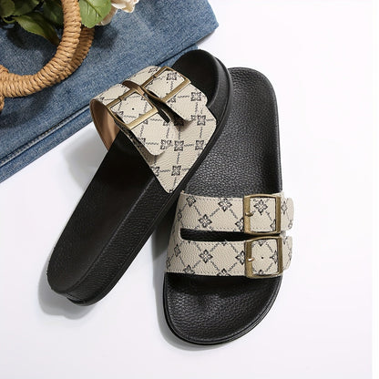 Women's Comfort Slides with Double Straps and Buckles – Fashionable Casual Sandals for Everyday and Vacation