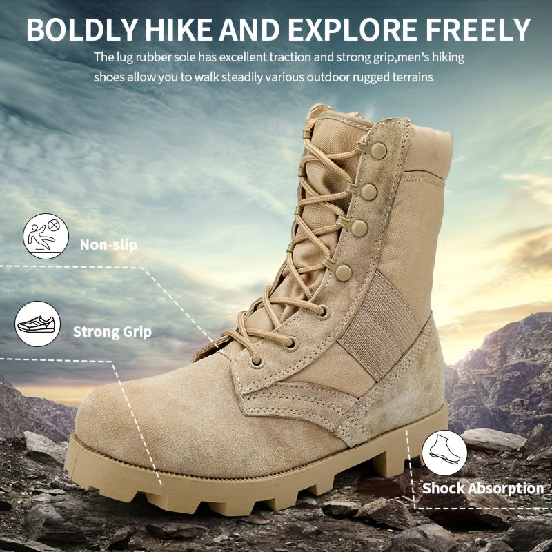 Beige men's lace-up boots with a zipper and rugged tread