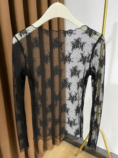 Women's long-sleeve shirt with floral embroidery and transparent design – elegant and versatile lace look for special occasions