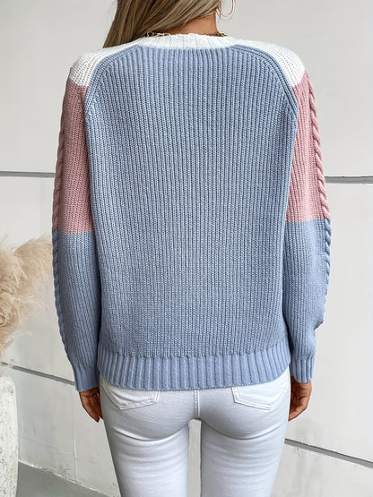 Women's knitted sweater, color-block cable-knit pattern, crew neck, white, light blue, dark blue