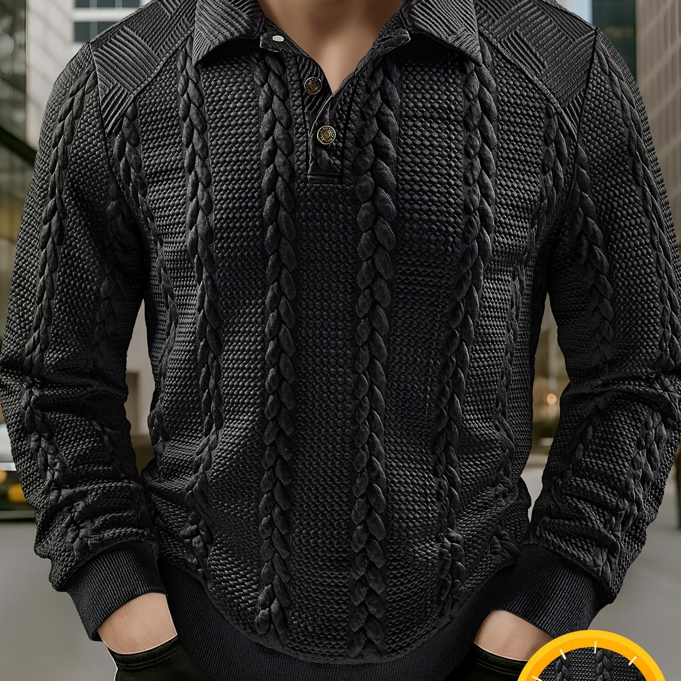 Men's textured black long-sleeve knit polo shirt