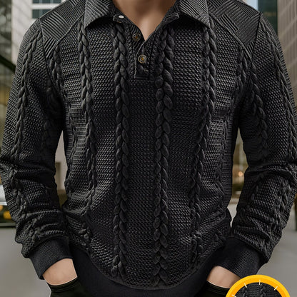 Men's textured black long-sleeve knit polo shirt