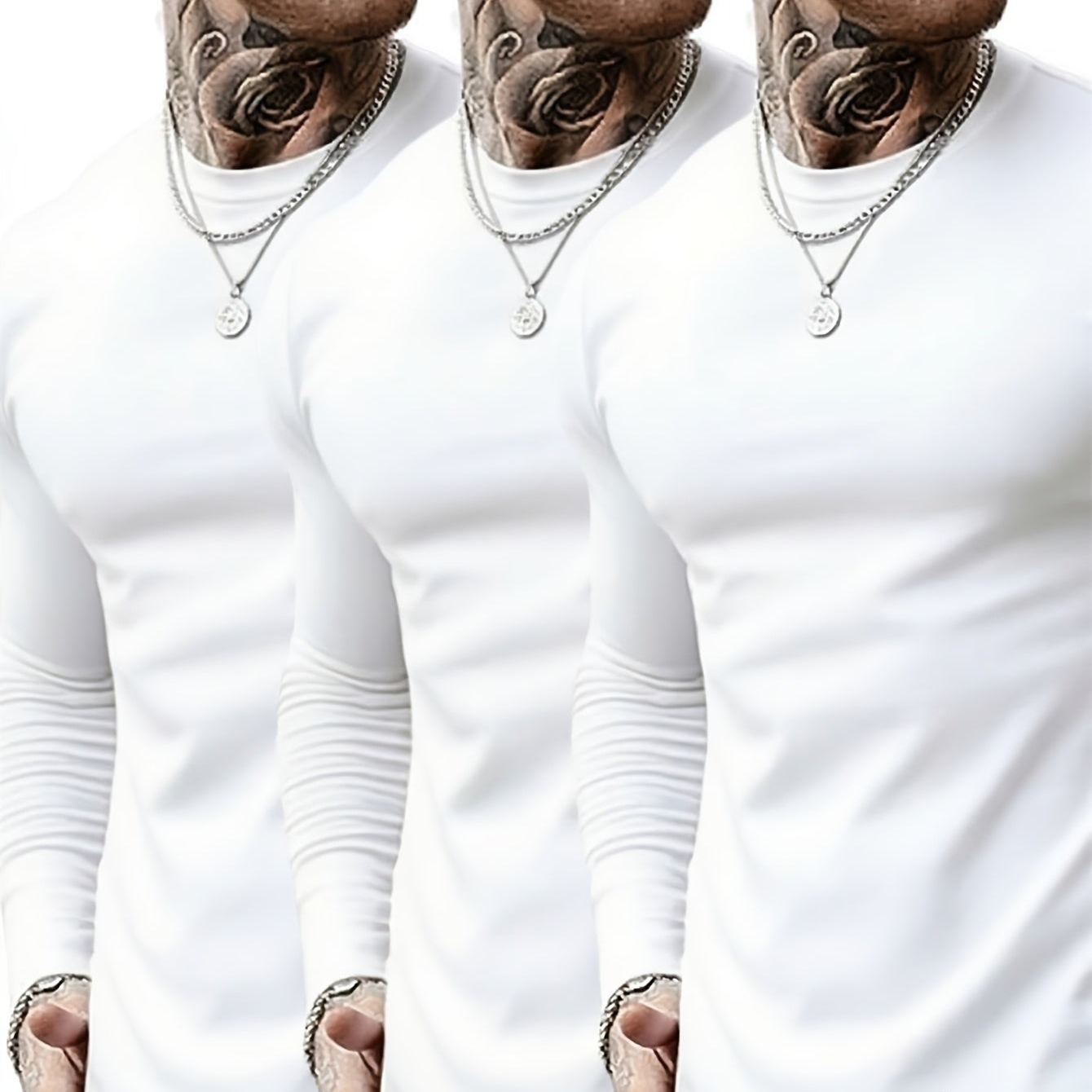 Herren Langarmshirt Rundhals 3er-Pack in Schwarz, Grau und Weiß