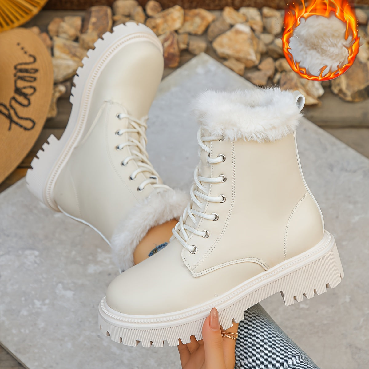 Women's worker boots with faux-fur lining, lacing, and lug soles