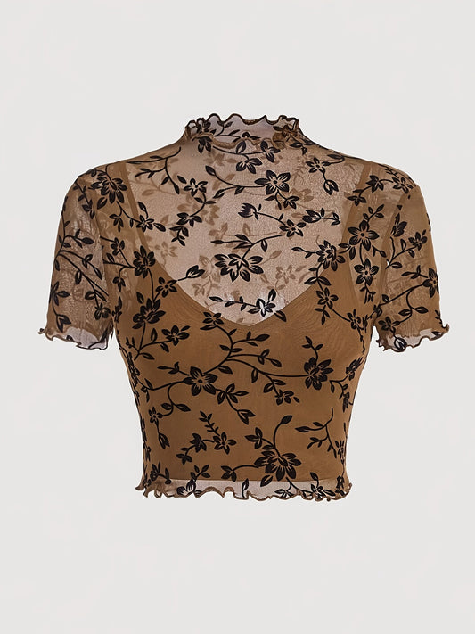 Women's Elegant Crop Top with Floral Pattern and Stand-up Collar – Transparent Mesh for Spring and Summer