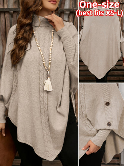 Damen Strick-Poncho mit Rollkragen, Zopfmuster und Knopfdetails