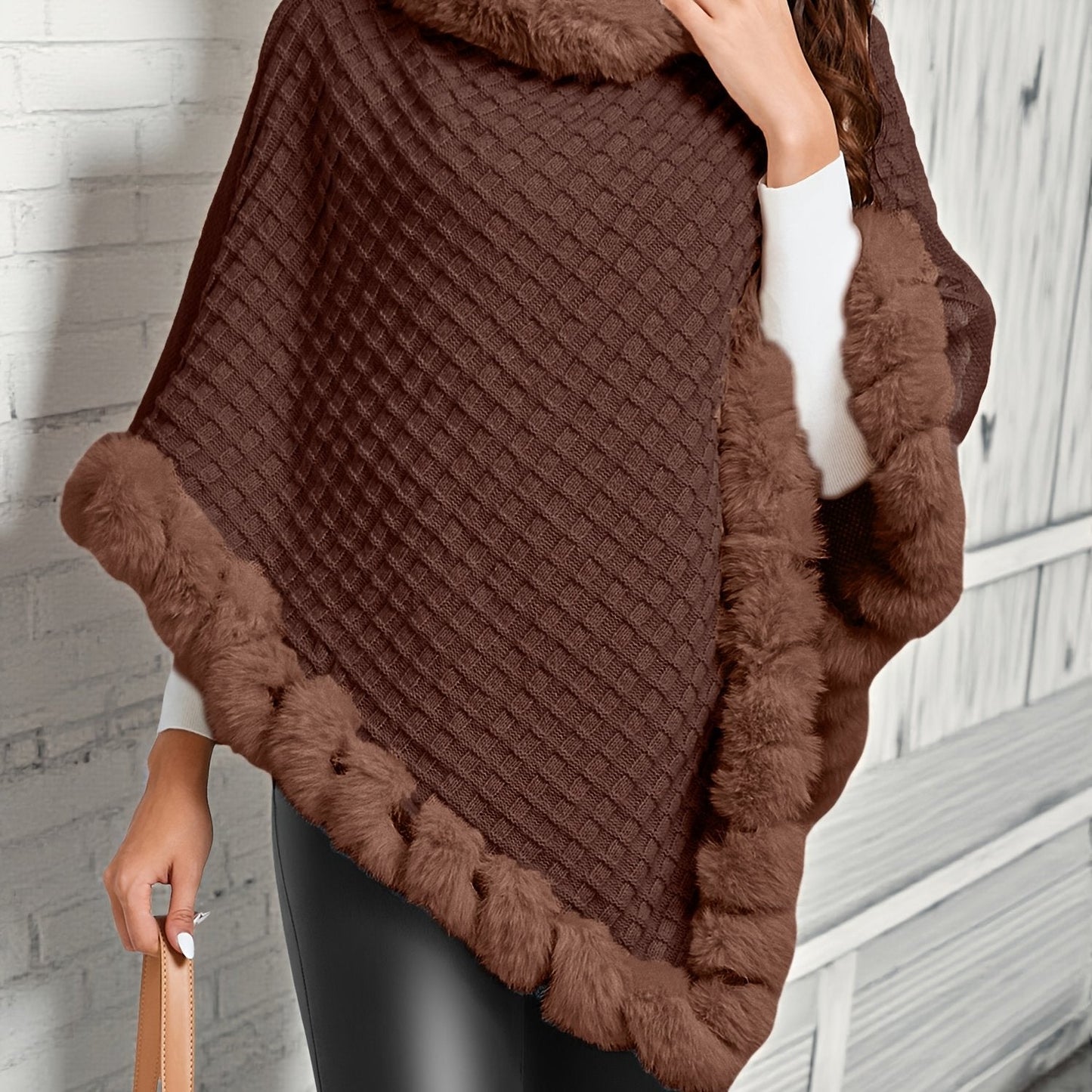 Damen Poncho gestrickt mit Kunstfellbesatz Wickelponcho