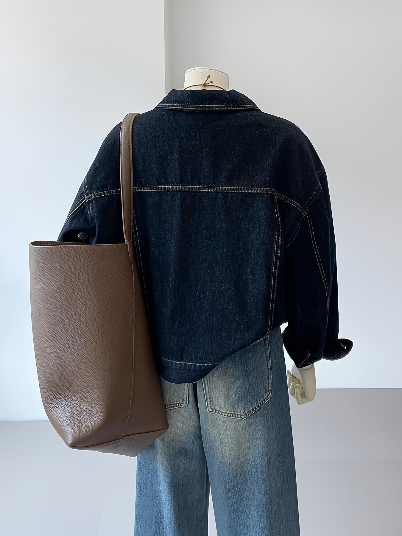 Dark blue cropped casual oversized women’s denim jacket