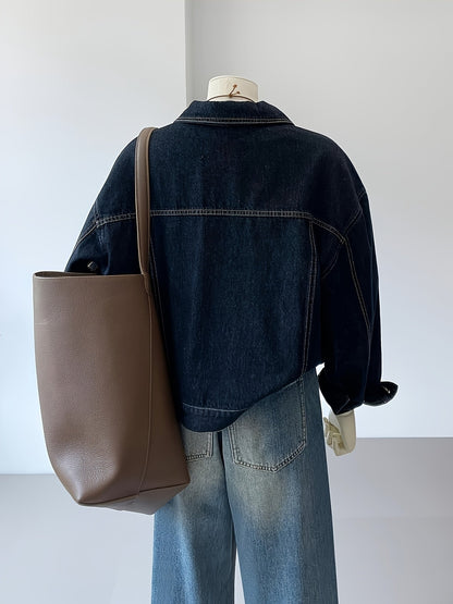 Dark blue cropped casual oversized women’s denim jacket