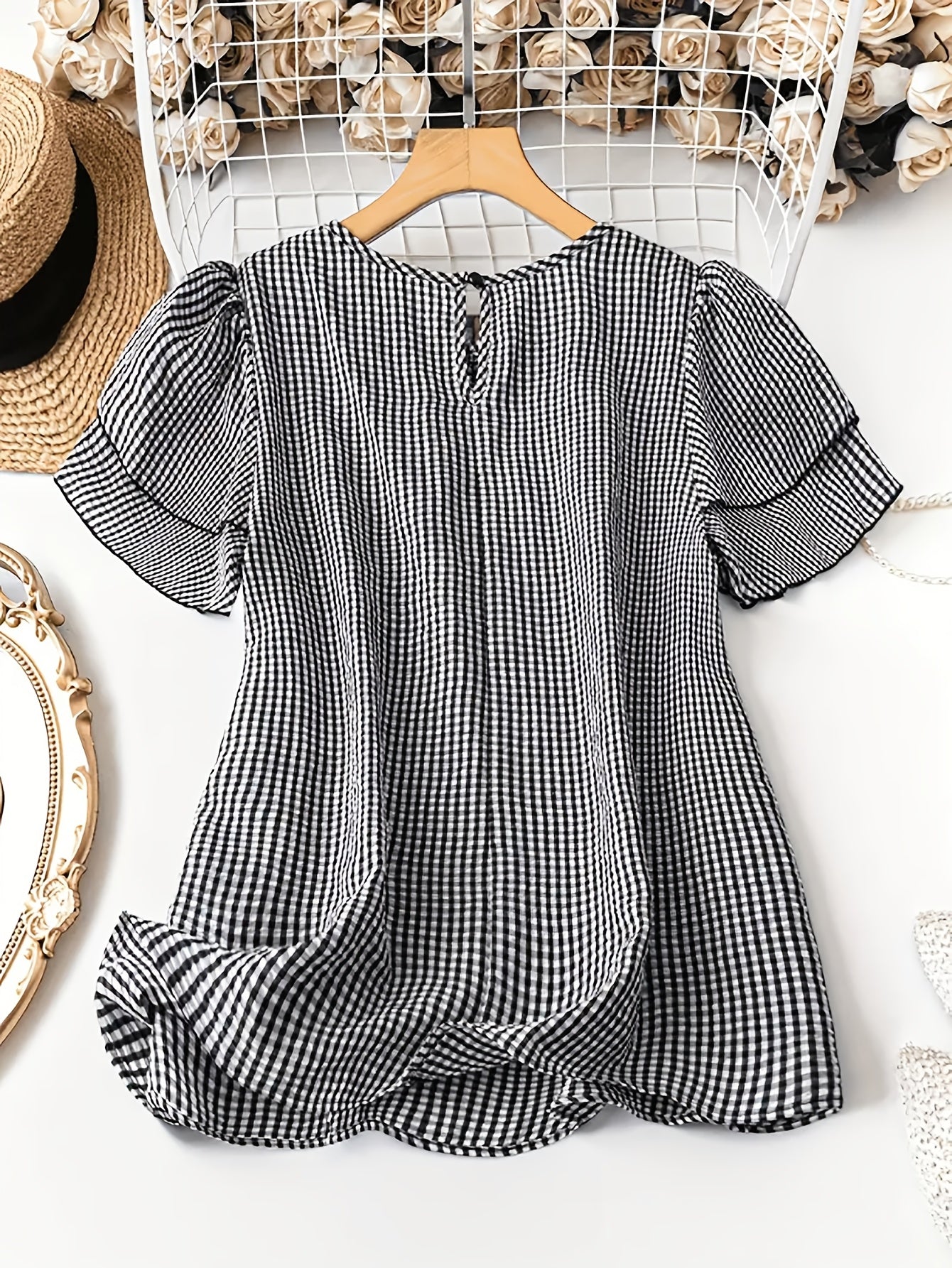 Women's Summer Casual Outfit – Checked Top with Denim Shorts and Sneakers – Perfect for Garden & Everyday Wear