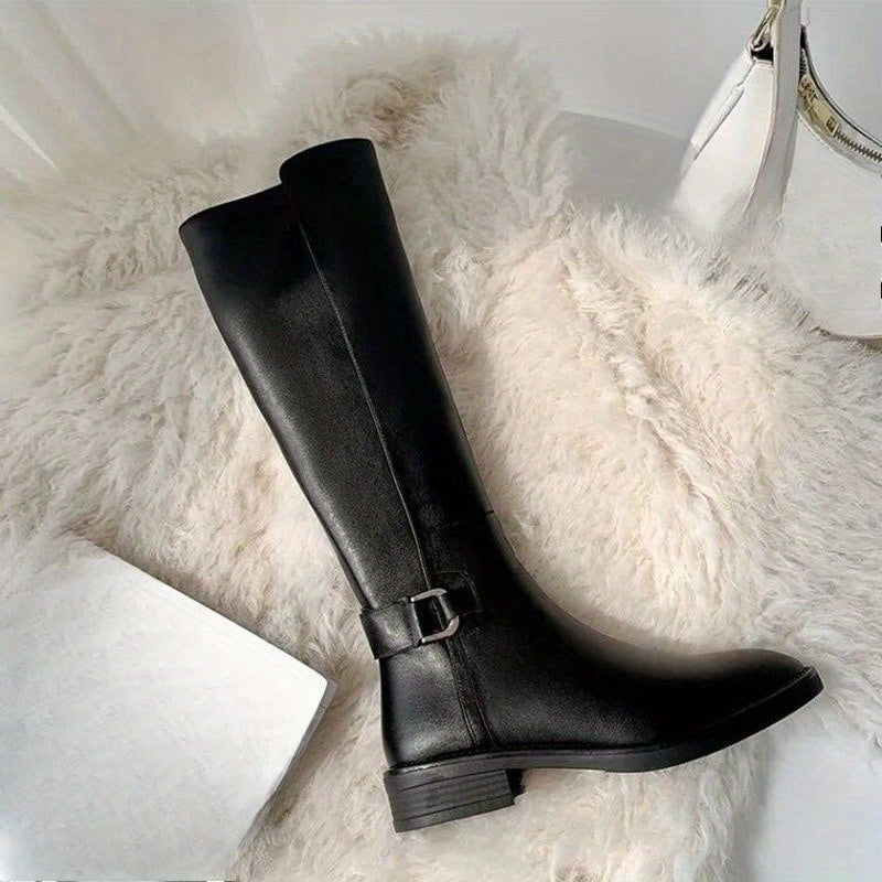 Women's knee-high black boots with buckle