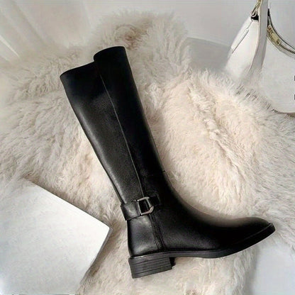 Women's knee-high black boots with buckle
