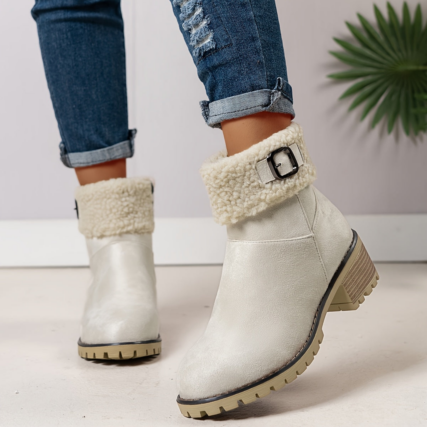 Women’s short winter boots with warm lining, buckle, and heel