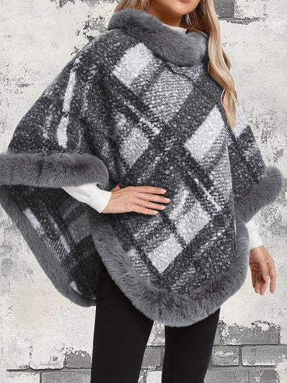 Damen Poncho mit Fellimitatbesatz, kariert, Braun/Grau