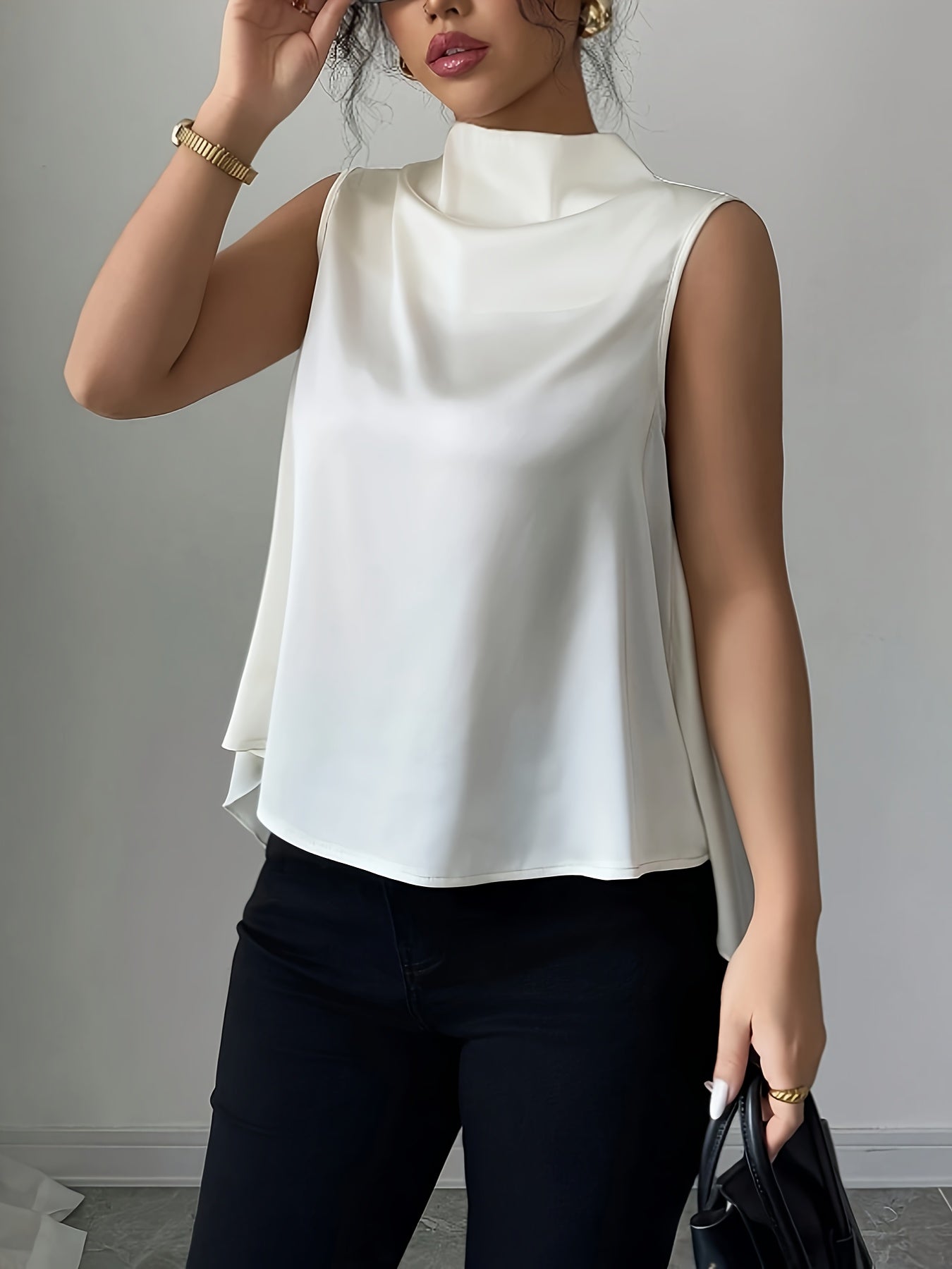 Women's sleeveless blouse with elegant waterfall neckline – Modern office & evening outfit