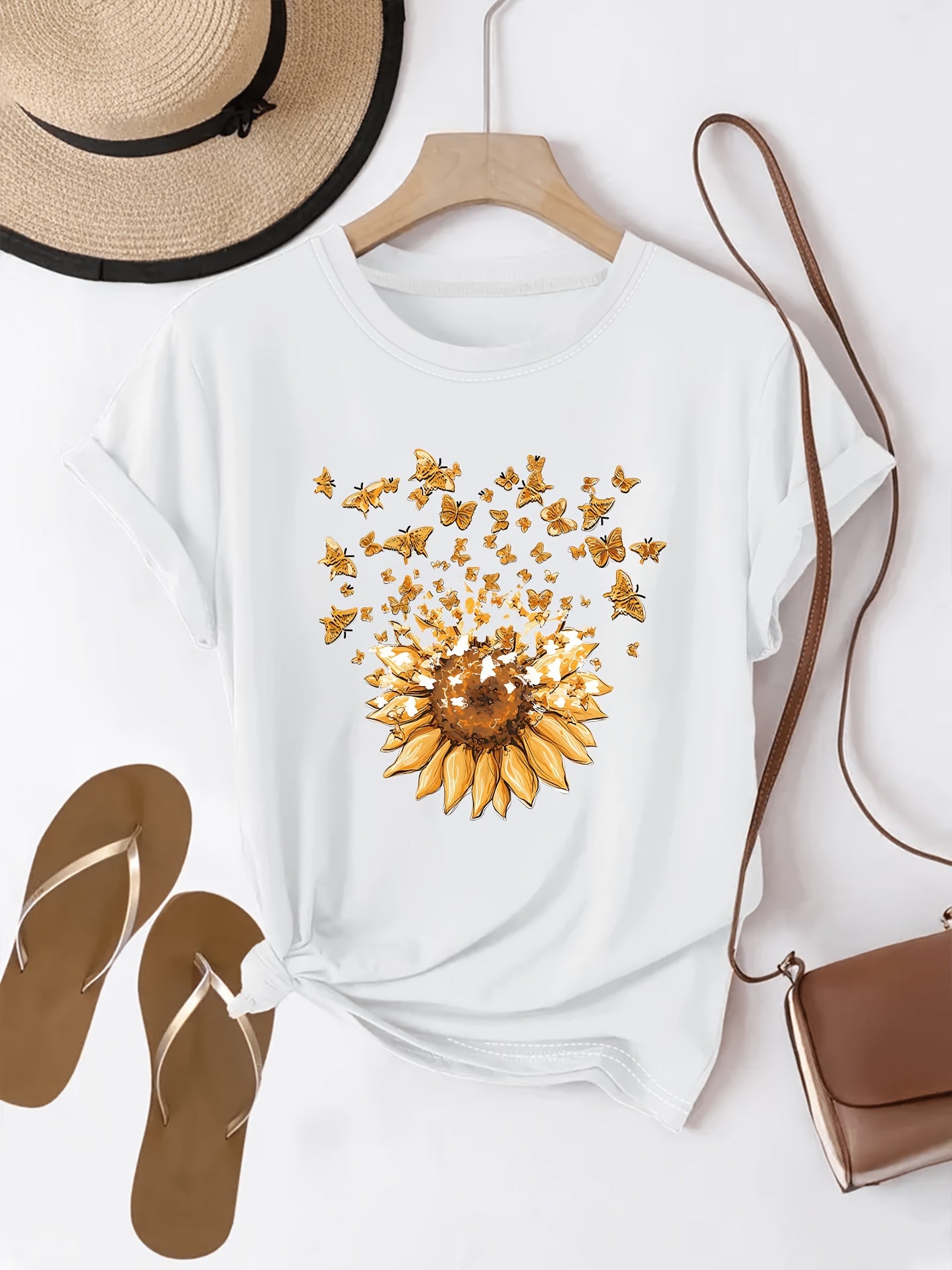 Women's T-shirt with Sunflower and Butterfly Print, Casual Style, Spring/Summer
