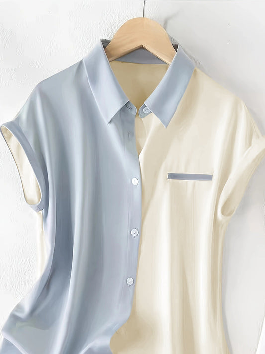 Women's Elegant Colorblock Blouse with Flutter Sleeves and Button Placket – Summer Business Casual