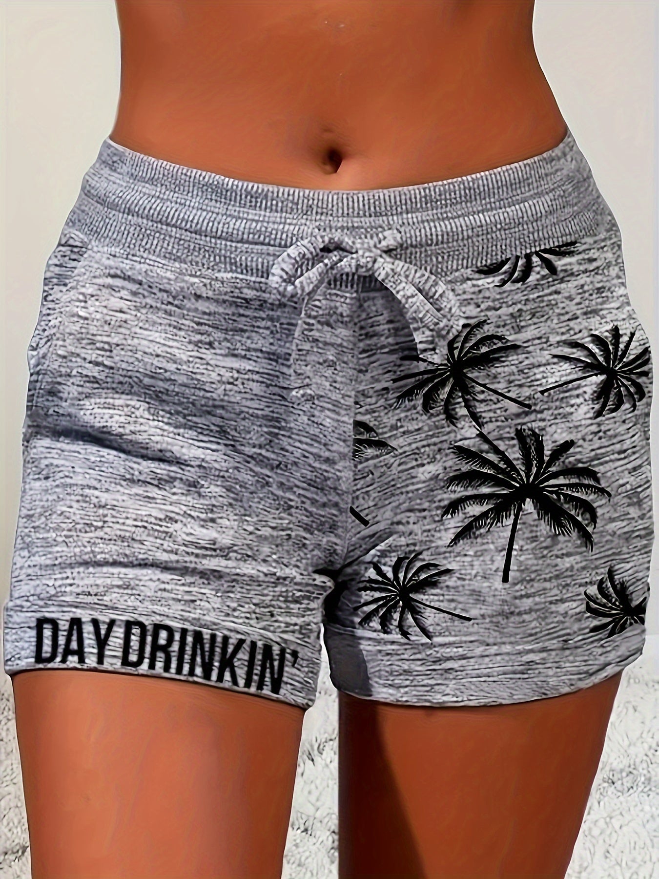 Women's casual shorts with palm tree print and "DAY DRINKIN'" statement for summer & vacation