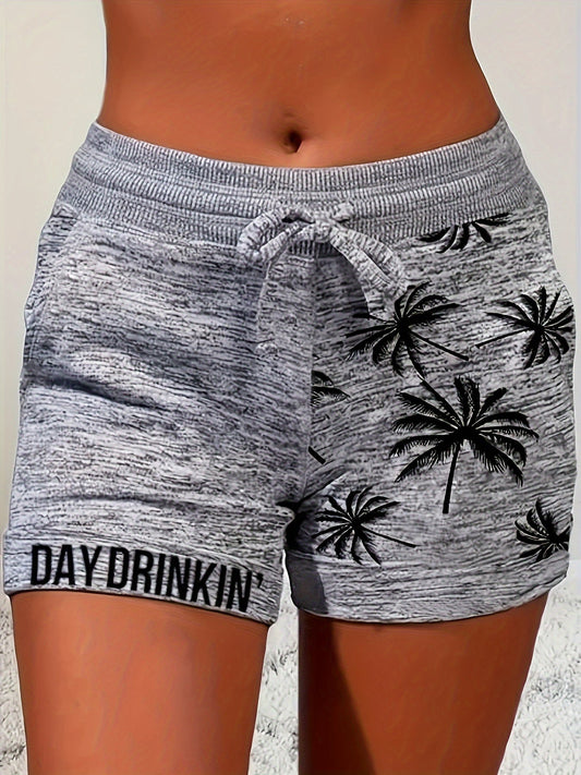 Women's casual shorts with palm tree print and "DAY DRINKIN'" statement for summer & vacation