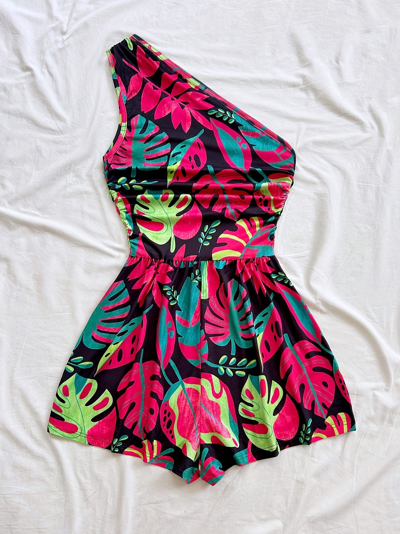 Women's One-Shoulder Jumpsuit with Tropical Print – Summer Fashion for Vacation & Leisure