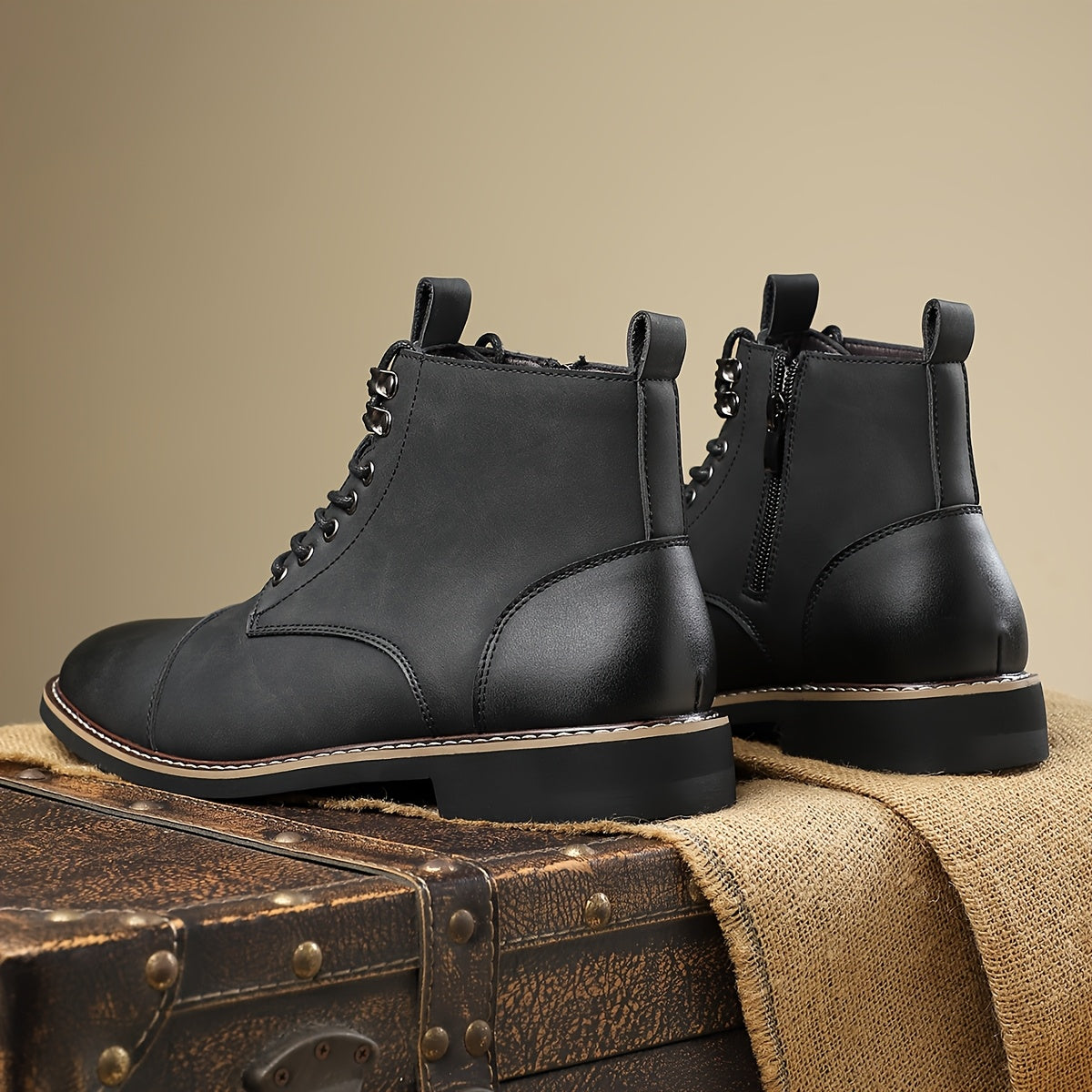 Herren Stiefel Schnürschuhe mit Reißverschluss und Zehenkappe