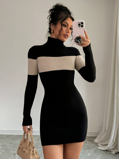 Rollkragen Strickkleid mit Blockstreifen Langarm Figurbetont