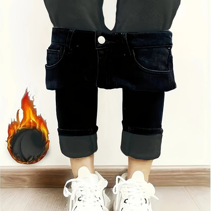 Black fleece-lined thermal jeans leggings with stretch for women