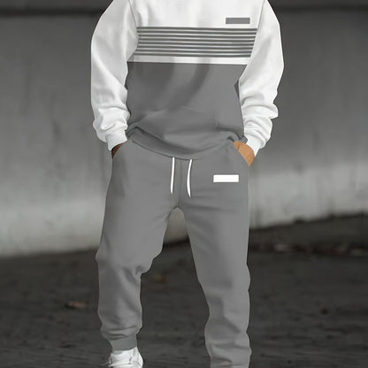 Men's two-piece tracksuit with hoodie and pants, striped color-block design