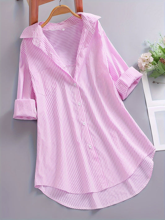Women's striped blouse shirt with loose fit – Stylish long blouse for everyday and office wear