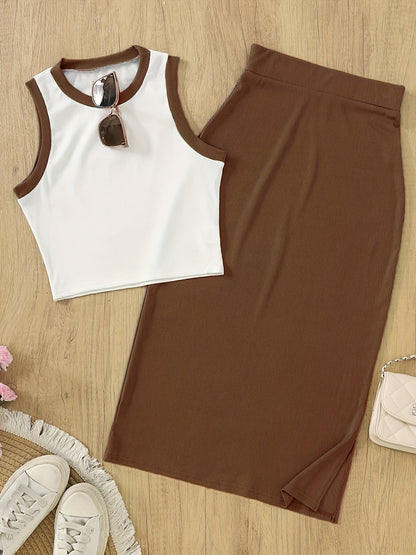 Women's Elegant Two-Piece Set with Sleeveless Top and Skirt – Perfect for Spring and Summer