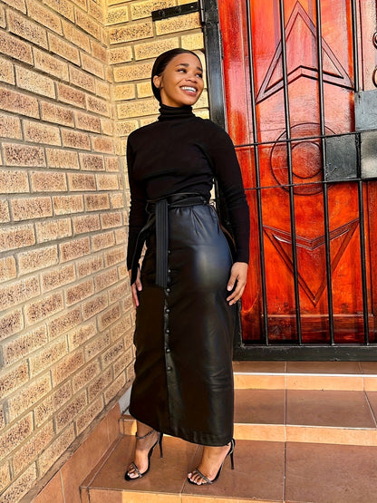 Women's faux leather maxi skirt with buttons and tie belt, black