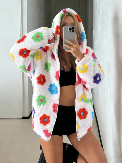 Hooded teddy jacket with colorful floral patterns and a zipper