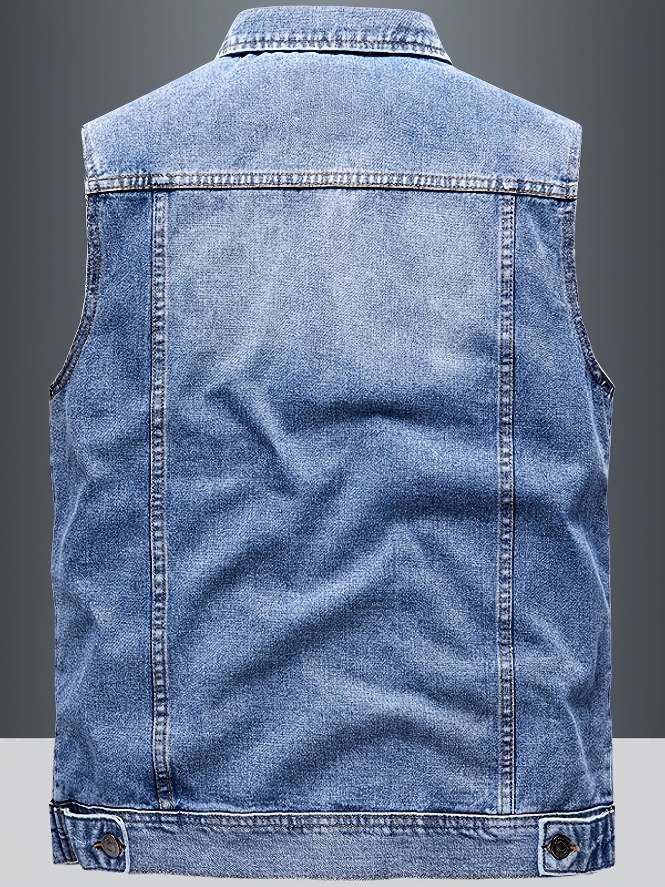 Men's blue sleeveless denim vest with button closure and chest pockets