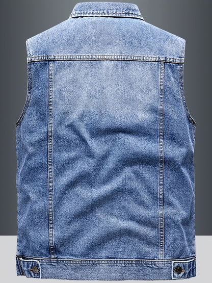 Men's blue sleeveless denim vest with button closure and chest pockets